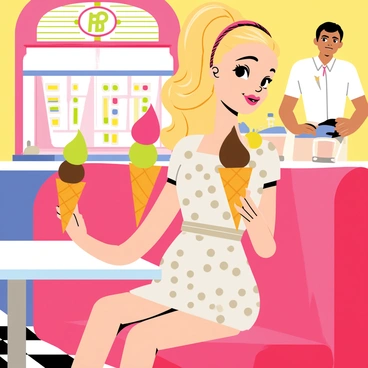 A vintage Barbie with blonde hair styled in a classic ponytail is sitting at a red vinyl booth in a 1950s diner. She is wearing a polka-dotted dress with a matching headband. In her hand, she holds a large ice cream cone with three colorful scoops: pink, mint green, and chocolate brown. The diner features a checkered floor and a jukebox in the background, displaying bright colors. A waiter in a white uniform is seen behind the counter, serving milkshakes. The scene is lively, with other patrons enjoying their meals and retro decor adorning the walls.