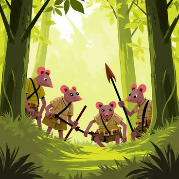 A group of skaven, small humanoid creatures with rat-like features, is scouting through a dense forest. They are camouflaged among the tall green trees and thick underbrush. The skaven wear tattered clothes that blend into the natural surroundings, with shades of brown and green. Their beady eyes peek out from behind tree trunks, while some crouch low in the foliage, holding crude weapons. Sunlight filters through the leaves above, casting dappled shadows on the forest floor. The atmosphere is tense as they communicate in hushed whispers, planning their next move.