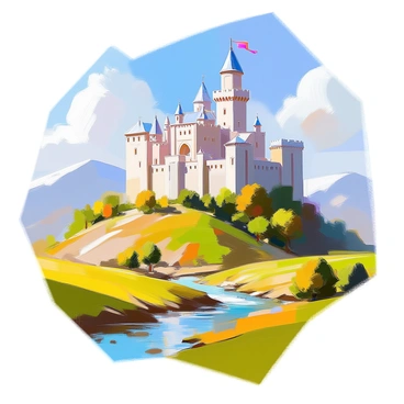 A majestic castle with tall towers and battlements, made of grey stone, is perched on a lush green hill. The castle features large arched windows and a central courtyard, with flags fluttering from its towers. Below the hill, a wide valley stretches out, filled with rolling hills and a winding river that sparkles in the sunlight. A few scattered trees dot the landscape, providing a touch of color to the vibrant green fields. The sky above is bright blue with fluffy white clouds.