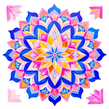 A detailed mandala is composed of intricate geometric designs and patterns radiating from the center. The centerpiece features a series of overlapping pentagon shapes, creating a mesmerizing focal point. Surrounding the pentagons, smaller patterns intertwine in a harmonious arrangement, with lines and curves that add depth and complexity. The outer layers of the mandala showcase additional shapes and motifs, each filled with elaborate details. The overall composition forms a symmetrical design, drawing the viewer's eye inward toward the center.