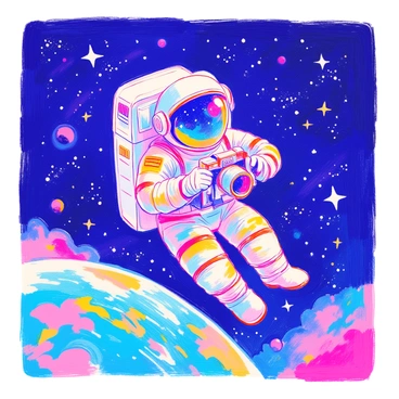 An astronaut in a white space suit is floating in the vastness of space. The astronaut is holding a camera, positioned to take photographs of Earth below. The surface of Earth is visible, showing a beautiful blend of blue oceans and green landmasses. The starry backdrop of space surrounds the astronaut, with distant stars twinkling. The visor of the astronaut's helmet reflects some of the vibrant colors of Earth, adding depth to the scene.