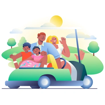 A family of four is sitting in a green golf cart, all smiling and waving joyfully. The father has short brown hair and is wearing a light blue polo shirt, while the mother has long blonde hair tied back in a ponytail and is dressed in a white sundress. Their two children, a boy and a girl, have dark hair; the boy is wearing a red t-shirt and the girl is wearing a pink dress with colorful patterns. The sun is shining brightly above, casting warm light on the scene, and a vibrant green golf course is visible in the background. Various trees dot the landscape, enhancing the cheerful atmosphere of the sunny afternoon.