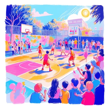 A friendly basketball game is taking place on an outdoor court. Two teams of players are actively engaged in the game, wearing bright jerseys and athletic shoes. The court is bordered by colorful graffiti depicting various vibrant designs and characters. Cheering spectators are gathered along the sidelines, some waving small flags and holding drinks. The sun is shining brightly, casting shadows on the court, and a few trees can be seen in the background, adding to the lively atmosphere.
