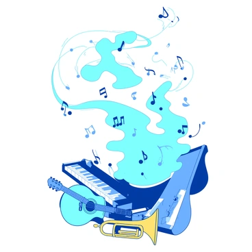 A blue cascade of musical notes is swirling across a white 8x8 illustration board. Various musical instruments such as a yellow trumpet, a teal guitar, and a white piano are interspersed among the notes. The notes are depicted in different sizes, creating a dynamic sense of movement across the board. The instruments are arranged in a playful manner, with the trumpet resting at the bottom corner and the guitar leaning against the side of the illustration board.