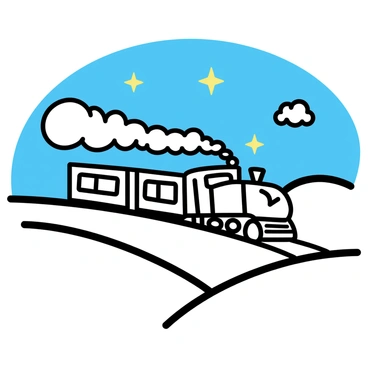 A train, featuring a sleek design with a shiny exterior, is traveling along a curved railway track. The train is surrounded by "billowing clouds" that appear fluffy and soft, creating a whimsical atmosphere. Above the train, there are "bright stars" scattered across the night sky, twinkling vividly against a deep blue background. The landscape includes gentle hills, creating a flowing terrain that enhances the dreamy quality of the scene.