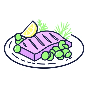 A beautifully arranged Mediterranean dish features a fillet of grilled tuna placed in the center of a white plate. The tuna is perfectly seared and glistens with a light sheen. Surrounding the tuna are scattered green olives, their glossy surfaces catching the light. Fresh herbs, including sprigs of parsley and oregano, are artfully placed around the plate, adding a touch of vibrant texture. A lemon wedge rests beside the tuna, ready to be squeezed, enhancing the dish’s flavor. The background is minimal, allowing the food to be the focal point of the image.