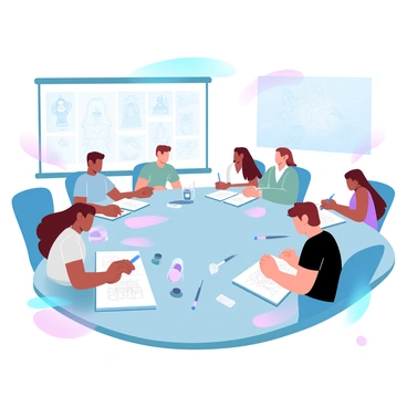 A group of students is sitting at large tables in a well-lit classroom filled with art supplies and animation tools. Each student has a sketchbook open in front of them, showcasing various character designs and storyboard sketches. Some students are focused on drawing, while others are discussing their ideas with enthusiasm. In the background, there are large posters displaying animated characters and techniques. The atmosphere is lively and creative, reflecting a passion for animation.