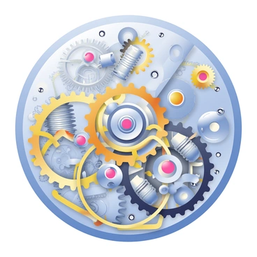A close-up view of a mechanical watch movement is displayed prominently. The image features intricate gears made of polished silver and gold, interlocking seamlessly to demonstrate the complexity of the mechanism. Various springs, including a coiled mainspring, are positioned among the gears, some shiny and others with a brushed finish. Tiny screws hold the components together, and there are fine engravings visible on the watch's plate. The background is softly blurred to emphasize the details of the watch movement, highlighting the craftsmanship and precision of the assembly.