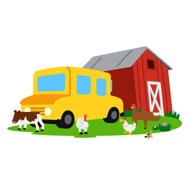 A yellow small school bus parked beside a rustic red barn. The bus has large windows and is slightly angled, showcasing its side. Nearby, there are several farm animals including a brown and white cow grazing on the grass, a playful white goat standing on its hind legs, and a couple of chickens pecking at the ground. The barn has a weathered wooden texture and the surrounding area is filled with green grass and a few wildflowers.
