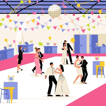 A decorated high school gym featuring colorful streamers hanging from the ceiling and balloons tied to the chairs around the room. Students are dancing in pairs, wearing formal dresses and suits, with some girls in sparkling gowns and boys in stylish tuxedos. A large disco ball hangs above, reflecting light across the dance floor. Tables adorned with centerpieces and flickering candles are scattered around the edges of the gym. A DJ booth is set up at one end of the gym, with vibrant lights illuminating the scene and creating a lively atmosphere.