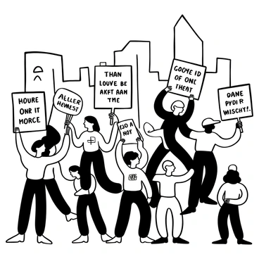 A group of people standing together in a protest scene, each person holding a sign or banner that features distinct messages of their beliefs. The signs are varied in shape and size, showcasing different slogans. Some individuals are wearing clothing that signifies their cause, such as t-shirts or hats with symbols. The crowd is arranged in a dynamic composition, with some individuals standing tall while others are leaning slightly forward, as if passionately engaged in the moment. The background includes outlines of buildings, suggesting an urban setting for the protest.