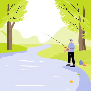 A tranquil forest stream with clear water flowing gently. Leafy green trees arch over the stream, their reflections visible in the water. A person is standing on the bank, holding a fishing rod, focused on the water. Nearby, a few colorful pebbles are scattered along the shore. Soft sunlight filters through the leaves, casting gentle shadows on the ground.