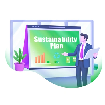 A consultant stands confidently in front of a large screen displaying a vivid green-themed presentation. The screen features the words "Sustainability Plan" in bold, white letters, accompanied by graphs and icons related to renewable energy, recycling symbols, and nature. The consultant, dressed in a smart business suit, gestures towards the screen while holding a digital tablet in their other hand. In the foreground, a small potted plant adds a touch of greenery to the scene. The background shows a modern office setting with large windows letting in natural light.