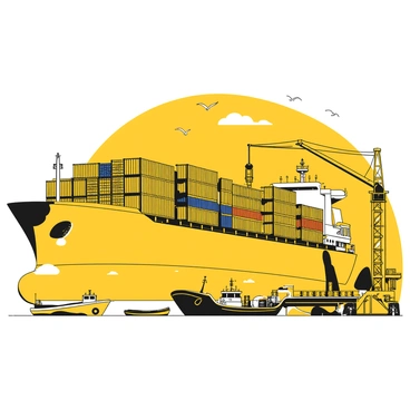 A large cargo ship is positioned at the harbor, with numerous colorful shipping containers stacked high on its deck. The ship's hull is detailed and prominent, showcasing its size and strength. Dockworkers are busily unloading the containers onto the pier using cranes. There are several smaller boats moored nearby, and seagulls are flying above, adding to the lively atmosphere. The harbor has various cargo equipment and vehicles, illustrating the activity of the bustling port.