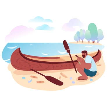 A craftsman is sitting on the sandy shore, focused on repairing a dugout canoe. The canoe, made from a single piece of wood, has intricate carvings along its sides. The craftsman is using traditional tools, including a wooden paddle and a chisel, carefully working on the damaged section of the canoe. Scattered around him are various tools and wooden shavings. In the background, gentle waves lap at the shoreline, and a few trees provide shade. The sky above is filled with soft pastel colors, creating a calm atmosphere.