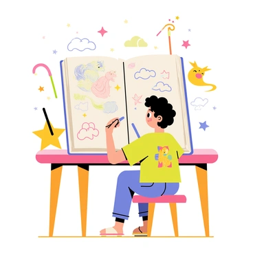 A child sitting at a small wooden table, focused on drawing in a large sketchbook. The child has curly hair and wears a colorful t-shirt. In the sketchbook, various fantastical creatures can be seen, including a dragon with shimmering scales and a unicorn with a flowing mane. Surrounding the sketchbook are magical doodles, such as stars, wands, and swirling clouds. The background features bright colors with playful designs, creating an imaginative atmosphere.
