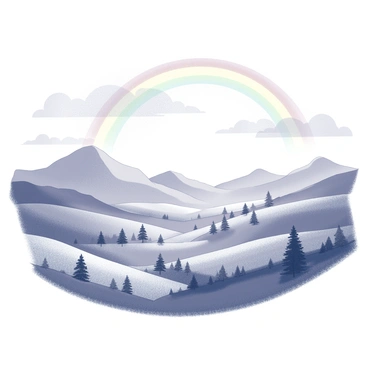 A panoramic view of a valley. The valley features rolling hills covered in grass and dotted with small trees. In the distance, mountains rise with distinct peaks. A rainbow stretches across the sky, arching from one end of the valley to the other. The sky above is filled with clouds, creating a dynamic atmosphere, while light spills over the landscape, highlighting the natural beauty of the scene.