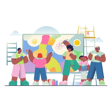 A group of local artists and community members is gathered in an outdoor setting, actively collaborating on a large mural. Each person is engaged in different tasks; one artist with dark skin and short curly hair is painting vibrant colors on the mural, while another artist with light skin and long straight hair is sketching outlines with a black marker. Community members of various ages are holding paintbrushes and mixing colors on palettes. In the background, there are cans of paint in assorted colors, and a wooden scaffolding to help reach higher sections of the mural. The scene captures a sense of camaraderie and creativity as they work together on this artistic project.