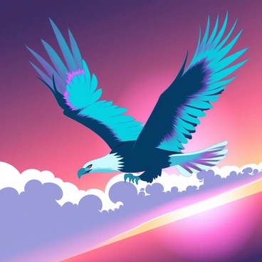 A thunderbird and a bald eagle flying together, symbolizing power and freedom against a sunset