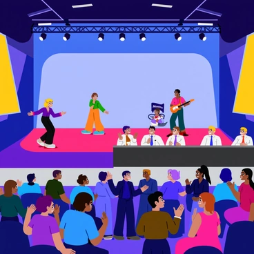 A talent showcase event featuring a large, open auditorium filled with bright lights. On the stage, several candidates present their skills, each in their own spotlight. One candidate is performing an energetic dance routine, wearing a colorful outfit, while another is showcasing their musical talent, playing a guitar. In front of the stage, a group of recruiters sits behind a long table, attentively watching the performances. The audience, filled with diverse individuals, is engaged and clapping. Banners displaying "Talent Showcase" hang above the stage. The atmosphere is lively and dynamic.