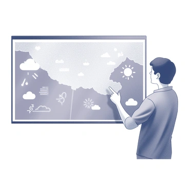 A meteorologist standing in front of a large weather map displayed on a wall. The meteorologist has short hair and is wearing a professional shirt. One hand is raised, pointing at a section of the map that shows "storm clouds" represented by swirling shapes and lines. The background features various weather symbols such as "rain" and "sunshine" alongside the storm clouds, creating a dynamic weather presentation.