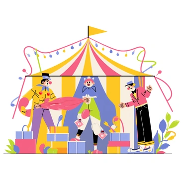 A colorful carnival tent with vibrant striped sides is filled with performers. One performer, wearing a bright jester costume with bells, is holding a large, red feathered prop. Another performer, dressed as a magician in a blue cape and top hat, is looking under a pile of colorful boxes. A third performer, clad in a clown outfit with oversized shoes and a big red nose, is peeking behind a shimmering curtain. Various props like hula hoops, juggling pins, and colorful streamers are scattered around, creating a lively atmosphere filled with anticipation. The performers are engaged in a focused discussion as they search for the hidden exit.