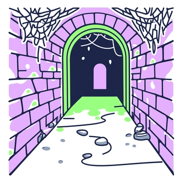 A dimly lit passageway stretches out, its walls lined with aged stone bricks that are slightly damp. Cobwebs drape from the ceiling to the corners, creating a tangled web that adds to the eerie atmosphere. The pathway is uneven, with occasional cracks in the floor where small stones are displaced. At the end of the passageway, there is a faint silhouette of an archway that hints at an unknown destination shrouded in shadow. A few flickering shadows dance across the walls, suggesting movement just beyond sight.
