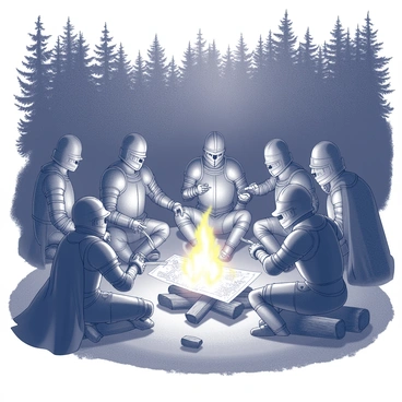 A group of knights clad in armor is gathered around a campfire in a forest clearing. The knights are variously equipped, with helmets, shields, and swords visible. They are seated on logs and the ground, leaning in towards the flickering flames. The fire casts dancing shadows on their faces, highlighting expressions of focus and determination. Some knights are pointing to a makeshift map spread out between them, while others listen attentively. The surrounding trees are silhouetted against the night sky, and the glow of the campfire illuminates their armor, making it gleam subtly in the darkness.