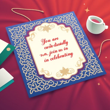 A wedding invitation is spread open on a richly textured table. The invitation features intricate patterns in deep blue and burgundy colors, adorned with gold accents that glimmer under the soft light. Decorative motifs of floral designs and geometric shapes elegantly frame the borders. The center of the invitation showcases the text "You are cordially invited to join us in celebrating" in elegant calligraphy, surrounded by delicate swirls and filigree, enhancing the ornate feel. The overall composition of the invitation conveys a sense of luxury and cultural richness associated with a Pakistani wedding.