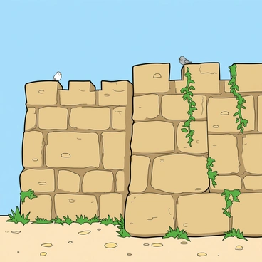 Ancient stone walls of a Palestinian city, weathered and rugged, rising tall and proud against a clear blue sky. The stones are varying shades of beige and brown, each one telling a story of resilience through the years. Some sections of the wall show cracks and crevices, while others are adorned with patches of creeping green vines. A few small birds can be seen perched on the top of the walls, adding a touch of life to the scene. The ground is uneven, with scattered pebbles and tufts of grass around the base of the walls, emphasizing the passage of time.