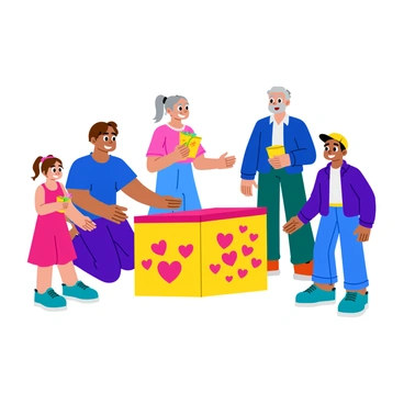 A person with short brown hair and wearing a blue t-shirt is kneeling beside a colorful charity box. The box is adorned with cheerful illustrations of hearts and smiling faces. Surrounding the person are three happy recipients, each with bright expressions. One recipient is a young girl with pigtails wearing a pink dress, another is an elderly man with a gray beard holding a small flower, and the third is a teenager with a baseball cap and a big smile. Each recipient is reaching out towards the charity box with gratitude, creating a warm and uplifting scene.