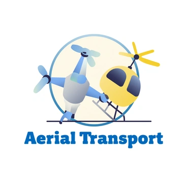 A logo design features a sleek drone and a stylized helicopter positioned closely together, symbolizing an aerial transport theme. The drone is depicted with four propellers and a compact body in a modern shape, painted in shades of blue and silver. The helicopter is illustrated with a rounded cabin and a prominent rotor blade on top, in contrasting colors of yellow and black. Both aircraft are set against a circular boundary to unify the design, with the words "Aerial Transport" prominently displayed below in bold, modern typography. The overall composition conveys a sense of innovation and efficiency in air travel.