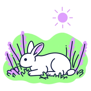 A rabbit is resting in a field filled with lavender flowers. The rabbit has soft fur and is sitting comfortably among the tall lavender stalks. Surrounding the rabbit are clusters of vibrant lavender, their delicate petals creating a lush environment. The sun is shining above, casting gentle shadows in the field. In the background, there are rolling hills that complement the peaceful setting. The rabbit's ears are perked up, alert to its surroundings, while it enjoys the tranquility of the field.