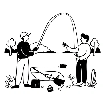 A grandfather teaching his grandson how to fish at a lakeside