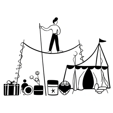 An acrobat in a form-fitting costume balancing on a tightrope, suspended high above the ground. The acrobat holds a long pole for stability, with one foot poised elegantly in front of the other. Beneath the tightrope, various circus props such as colorful barrels and juggling clubs are scattered across the ground. The big top tent looms in the background, featuring large, peaked tops with visible ropes and stakes anchoring it firmly to the ground. A crowd of silhouettes can be seen watching intently, adding a sense of anticipation to the scene.