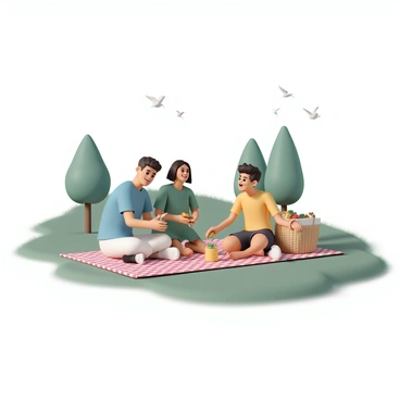A group of three friends is sitting on a red and white checkered blanket spread out on lush green grass in a park. One friend, wearing a blue t-shirt and light jeans, is holding a sandwich with lettuce and tomato, smiling at the camera. Another friend, dressed in a green dress, is reaching for a bottle of lemonade placed on the blanket. The third friend, wearing a yellow shirt and dark shorts, is laughing while picking up a piece of fruit from a picnic basket. Nearby, a couple of trees provide shade, and a few birds can be seen in the background.