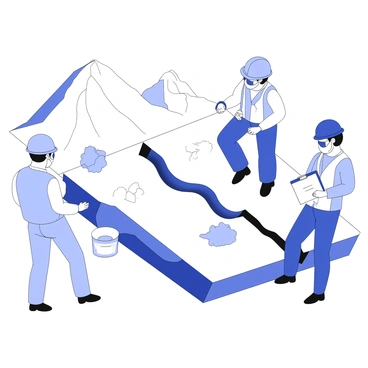 A team of researchers is positioned at a reverse dip-slip fault site. There are three scientists, each wearing safety helmets and protective gear, actively engaged in their work. One researcher is using a measuring tape to take precise measurements of the fault line, while another is carefully collecting rock samples in a container. The third member of the team is documenting the process with a clipboard and pencil, jotting down notes. The geological features around them include exposed rock layers and signs of recent geological activity. In the background, there is a rocky terrain that gently slopes up toward mountains, emphasizing the environmental context of the fault site.