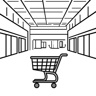 A single empty cart sitting quietly in an empty shopping mall