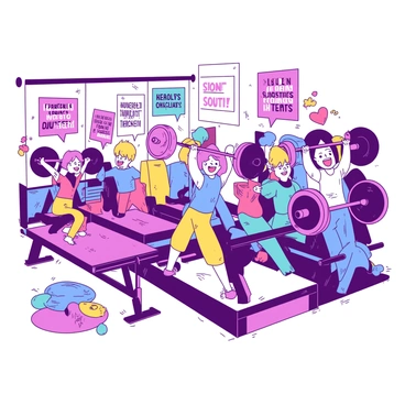 A vibrant duotone illustration shows a lively gym filled with animated characters energetically performing shoulder presses. The characters are a mix of different shapes and sizes, displaying bright smiles and an enthusiastic demeanor. Some characters are lifting colorful weights, while others are cheering on their friends from the sidelines. The gym is equipped with various exercise machines and equipment, all in a playful design. Banners with motivational quotes decorate the walls, adding to the energetic atmosphere of the scene.