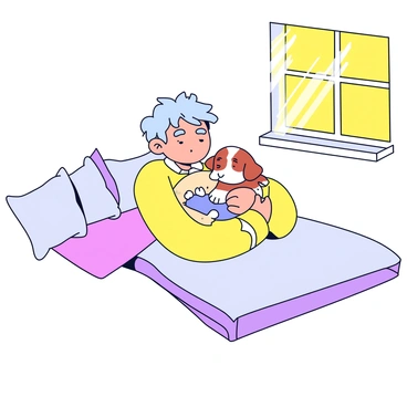 A person lying in bed with a soft, light-colored duvet. The person has messy hair and a peaceful expression, cuddling a small, fluffy dog resting against their chest. Sunlight streams in through a nearby window, casting warm light across the room and illuminating the duo. There are a few plush pillows arranged around them, and a gentle shadow is formed on the bed from the light filtering in.