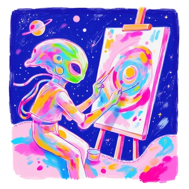 An alien artist with vibrant green skin and large, expressive eyes is focused on painting an abstract masterpiece. The artist has multiple arms, each skillfully holding different brushes and tools. The floating canvas is suspended in the vastness of space, surrounded by colorful planets and twinkling stars. The masterpiece on the canvas features swirling patterns of bright colors, blending together in a dynamic display. The alien artist is wearing a sleek, futuristic outfit that shimmers in the cosmic light. A few paint splatters float nearby, adding to the scene's vibrant atmosphere.