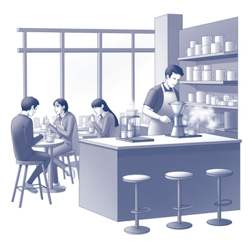 A bustling urban café filled with patrons seated at small tables and bar stools. The barista, wearing an apron, is focused on using a moka pot to brew coffee. The moka pot is resting on a stovetop, with steam rising as the coffee begins to percolate. Shelves lined with various coffee mugs and pastry displays are visible in the background. Large windows allow natural light to pour in, illuminating the atmosphere. The café has a modern interior with industrial-style decor, including exposed brick walls and wooden accents.
