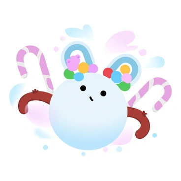 A whimsical character composed entirely of sweets and candies is centered in the image. The character's head is round, and it is adorned with colorful gummy bears and lollipops arranged in a decorative manner. Candy canes are positioned symmetrically on either side of the head, resembling whimsical ears. The body is made from a large marshmallow, with arms created from pretzel sticks. The background is filled with gradient pastel colors, enhancing the playful theme of the scene.