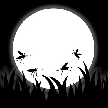 A full moon is positioned in the background, casting a soft glow. In the foreground, a swirling swarm of mosquitoes is depicted, their shapes clearly outlined in black against the white light of the moon. The composition captures the dynamic movement of the mosquitoes as they dance through the night air, creating a striking contrast with the serene lunar backdrop. The scene is framed to emphasize the interplay between the moon and the silhouettes of the mosquitoes.