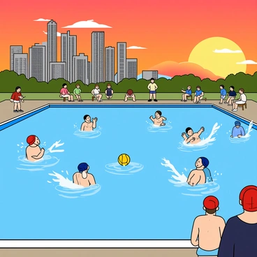 A lively water polo match taking place in a large swimming pool. Two teams, one wearing blue caps and the other wearing red caps, are actively competing in the water. Players are splashing and maneuvering to gain control of the ball, showcasing their athleticism. Spectators can be seen sitting along the poolside, cheering enthusiastically. In the background, a stunning city skyline can be observed with tall skyscrapers and a vibrant sunset casting warm colors across the buildings. The scene captures the excitement of the game against the backdrop of the urban landscape.