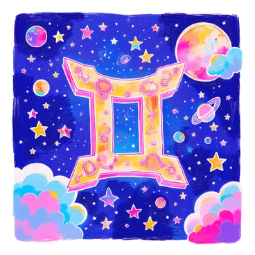 A large "Gemini" symbol is centered in the image, intricately designed with ornate details. Surrounding the symbol, there are numerous small, bright stars scattered across a deep blue background. Celestial elements such as planets and swirling clouds are positioned around the symbol, enhancing the cosmic theme. The stars are twinkling, giving a sense of depth and vastness to the celestial scene. A subtle glow emanates from the symbol itself, adding emphasis to its importance in the composition.