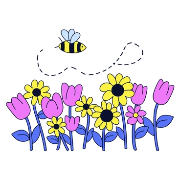 A colorful floral landscape filled with various flowers including daisies, tulips, and sunflowers. The flowers are depicted in vibrant shades of yellow, pink, and purple. A small bee is shown hovering above the flowers, with its wings slightly blurred to indicate movement. A dotted trail lines the bee's flight path, weaving through the flowers. The background is simple and unobtrusive, focusing attention on the bee and flowers.
