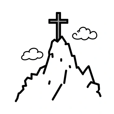 A figure of Jesus on the cross, positioned at the peak of a tall, rugged mountain. The cross is made of dark wood, contrasting with the bright sky above. Surrounding the mountain peak, jagged rock formations are visible, showcasing a harsh yet beautiful landscape. In the background, fluffy clouds drift across the sky, casting soft shadows on the mountain surface. The scene conveys a sense of elevation and isolation, emphasizing the profound nature of the moment.