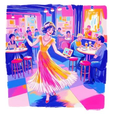 A flapper girl using a laptop while dancing at a jazz club.