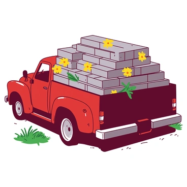 A red truck is filled with gray bricks, stacked neatly in the bed. Interspersed among the bricks, there are vibrant yellow blooming flowers, adding pops of color to the scene. The truck is parked on a dirt road, surrounded by green grass. Sunlight casts shadows across the truck, highlighting the texture of the bricks and the petals of the flowers. The flowers are positioned at various angles, with some leaning slightly over the edge of the truck bed.